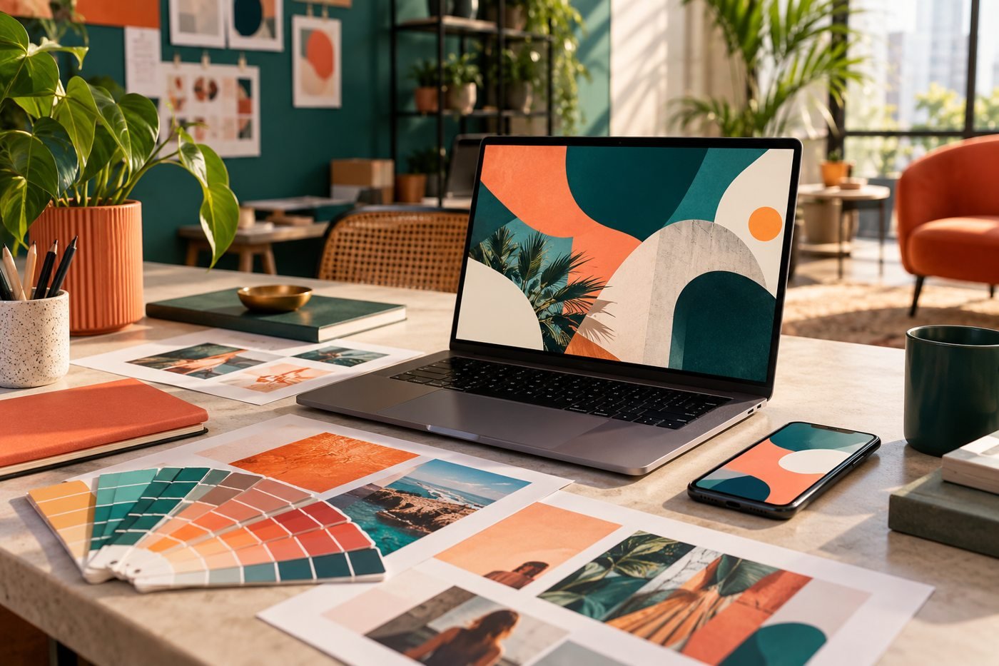 Mesa criativa com computador, celular e materiais de comunicação